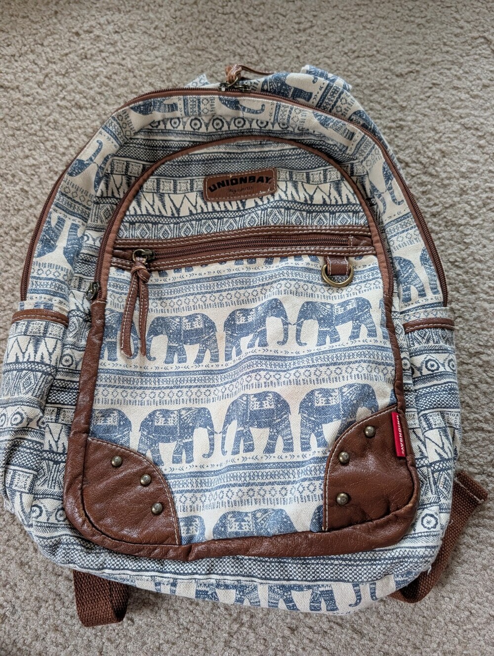 Unionbay Cream & Blue Elephant Print Backpack